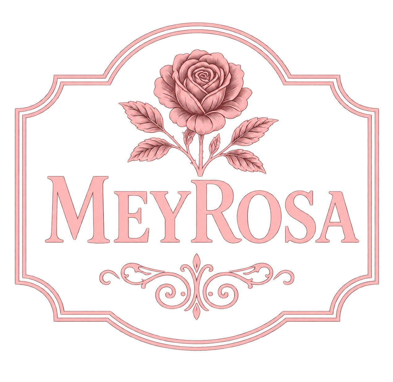 Meyrosa logo met een roos, in bordeaux en oudroze